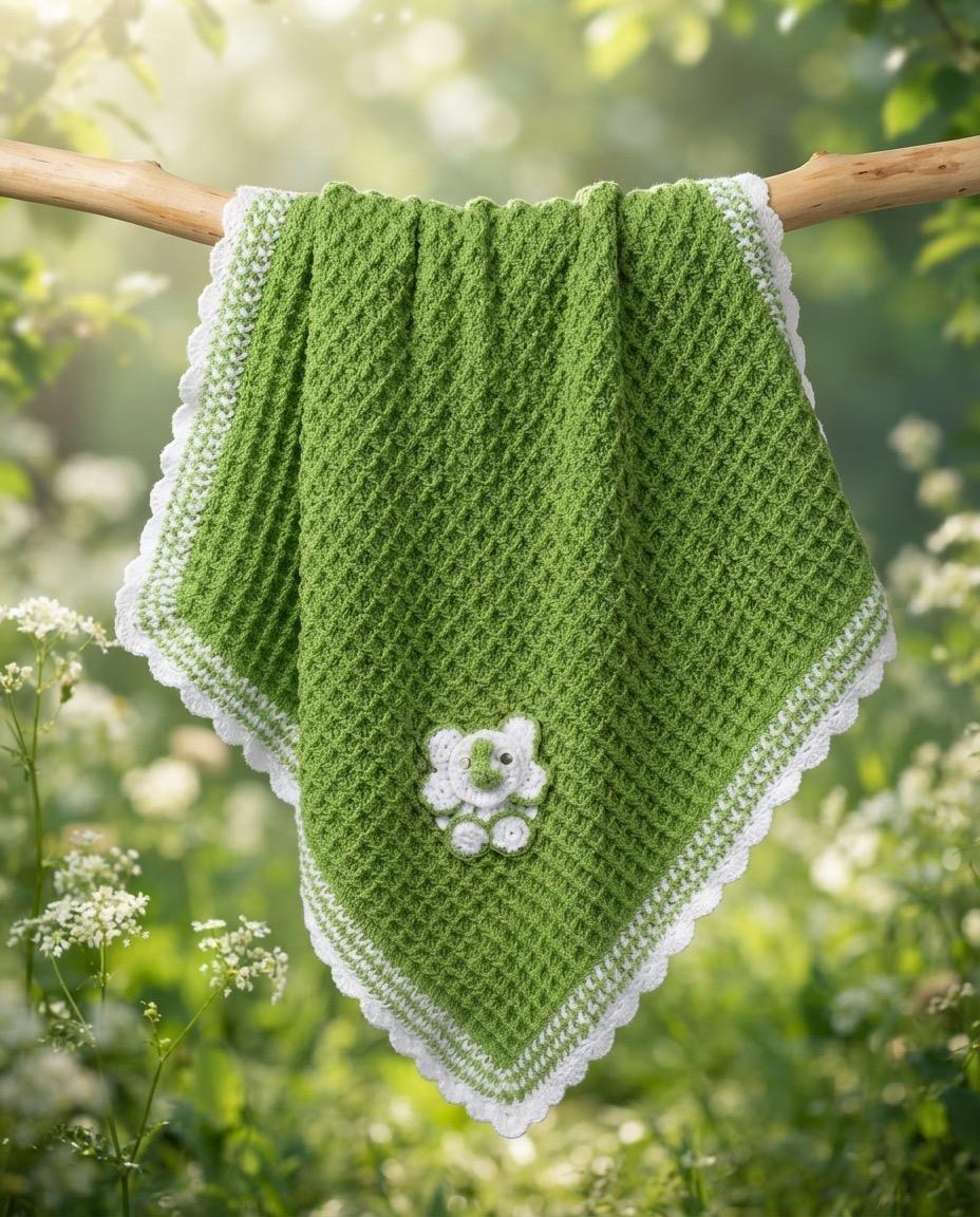 Green blanket with small motif elephant